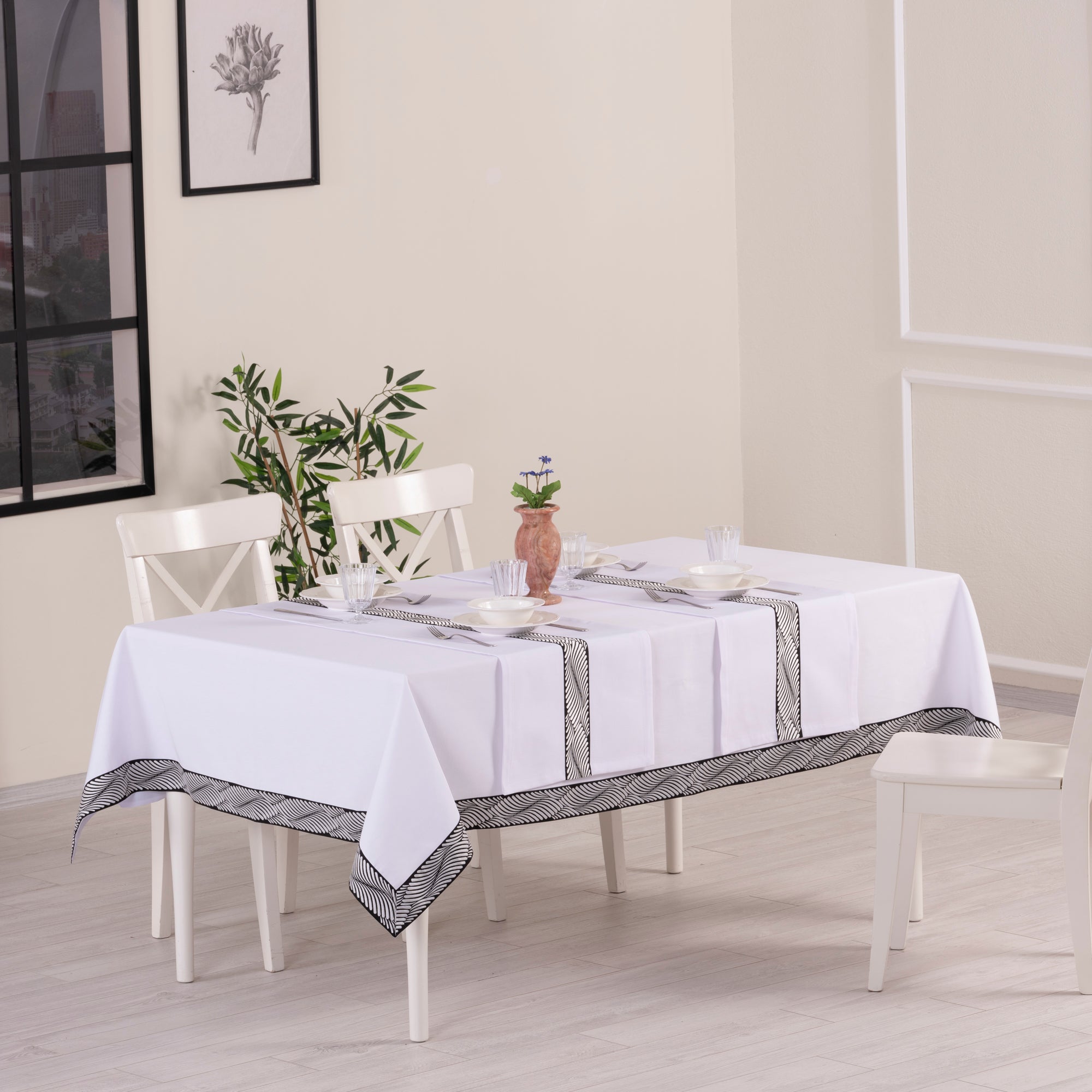 Nappe de table rectangulaire Alba blanc + 2 chemins de table