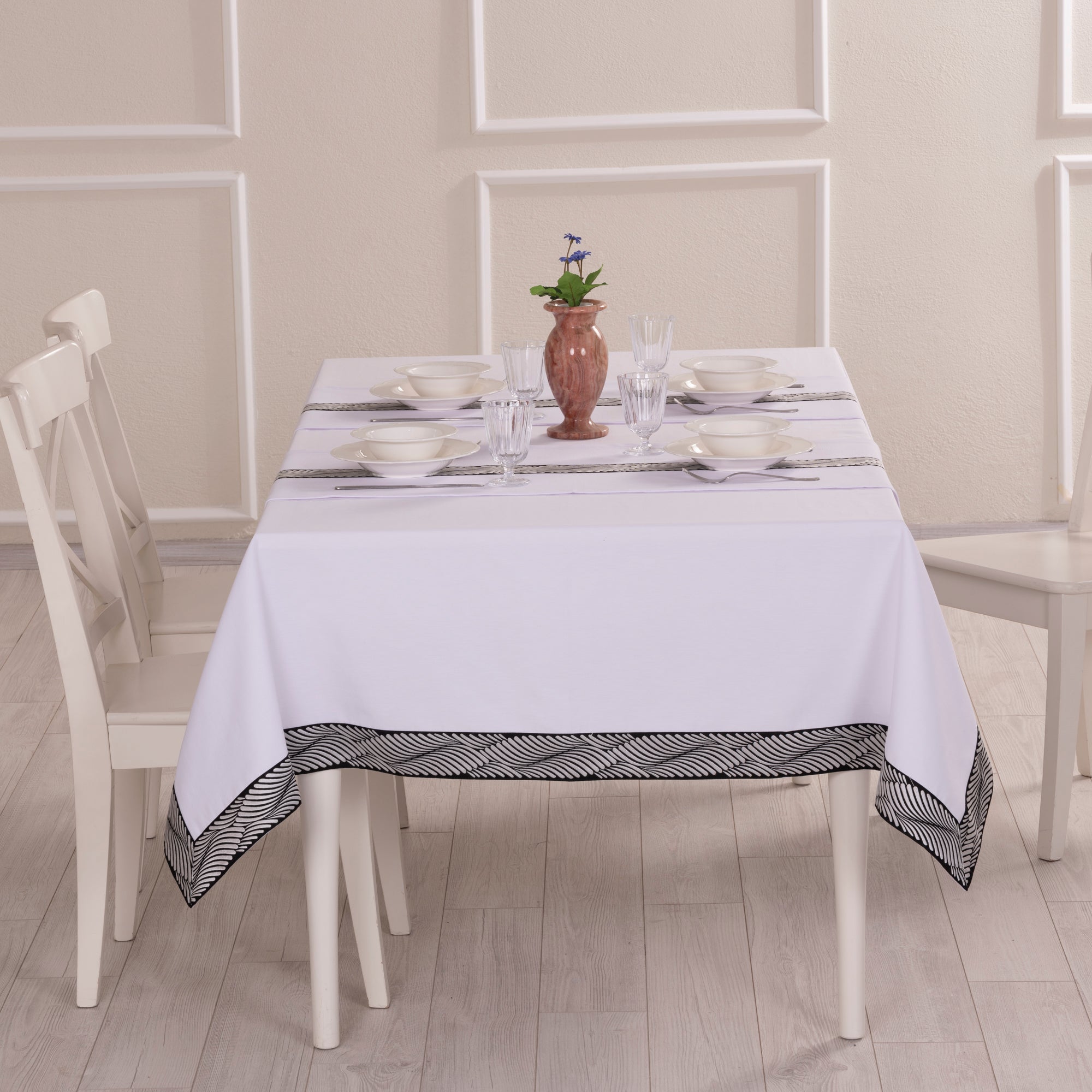 Nappe de table rectangulaire Alba blanc + 2 chemins de table