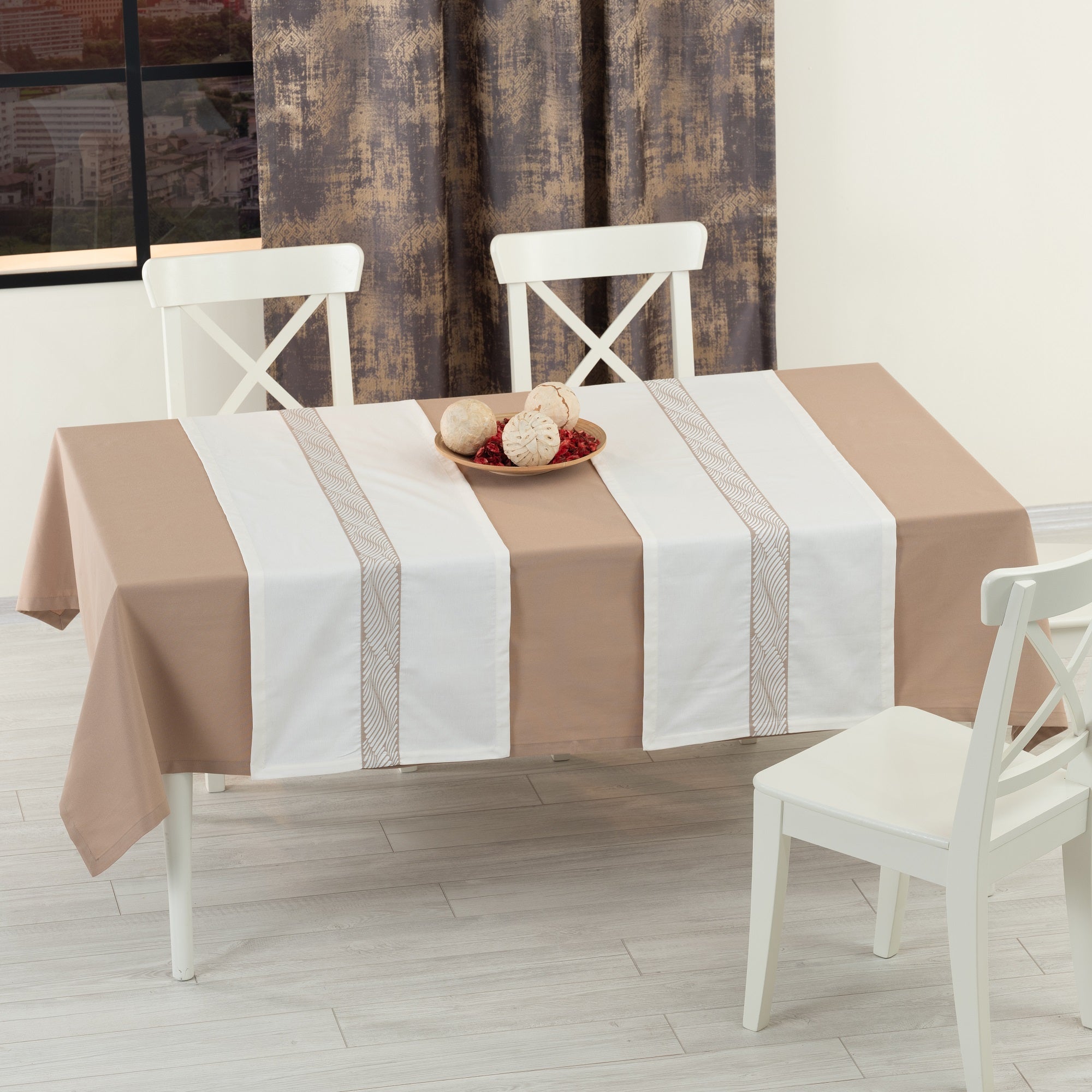 Nappe de table rectangulaire Alba beige + 2 chemins de table