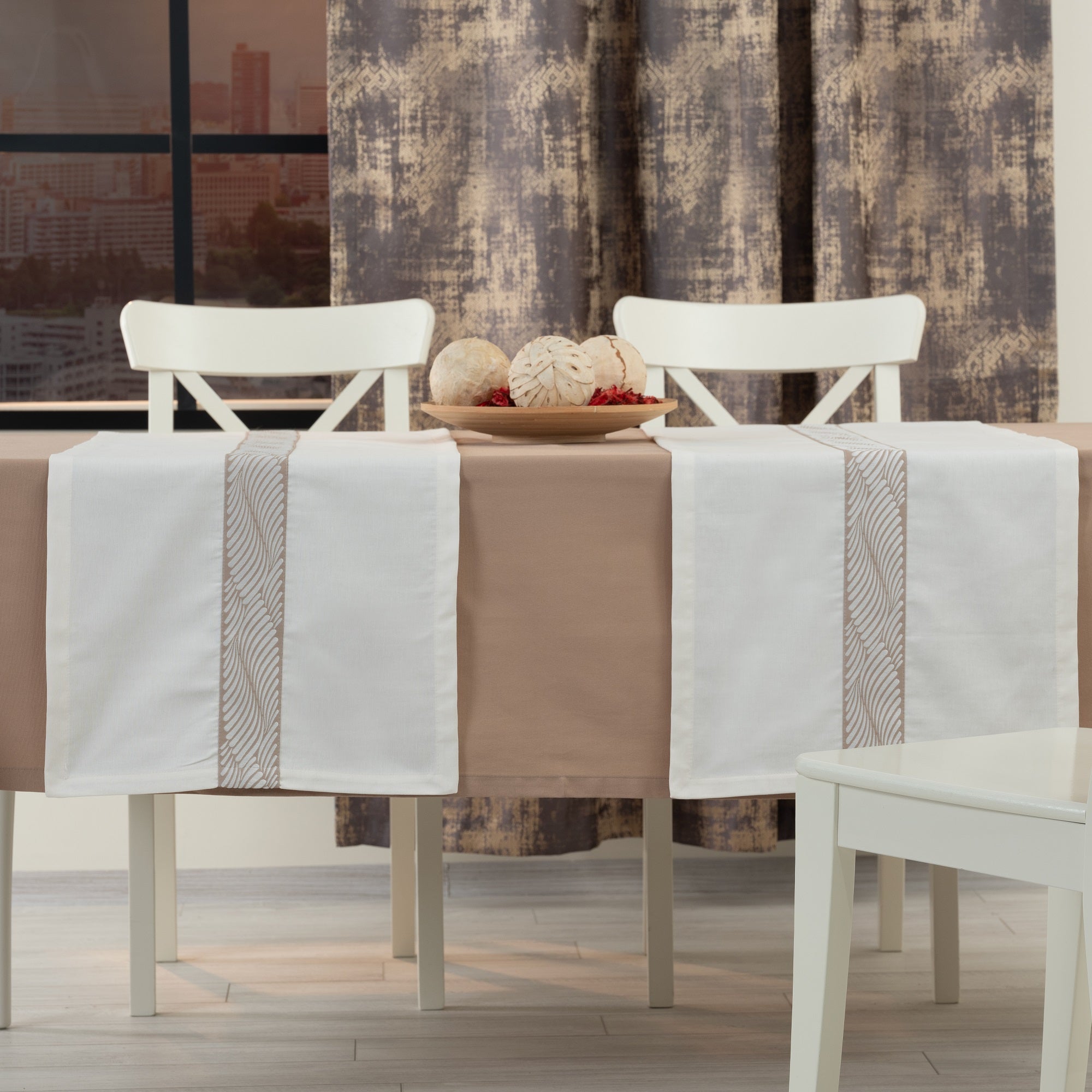 Nappe de table rectangulaire Alba beige + 2 chemins de table