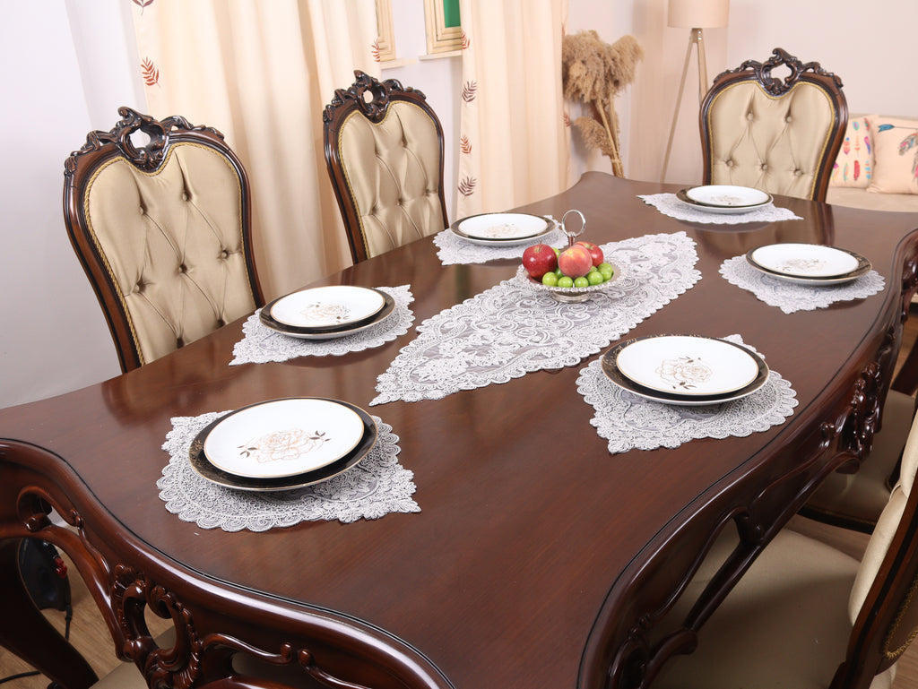 Ensemble de 7 pièces Valonia à Brodé Gris, 6 sous plats 36x52cm + chemin de table 115x38cm