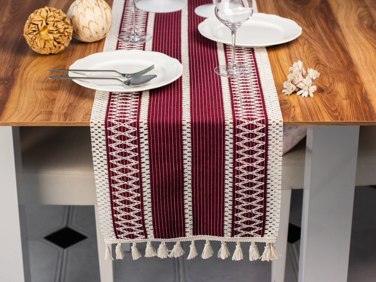 Chemin de table bordeau tricoté en coton mesure 35×145 cm