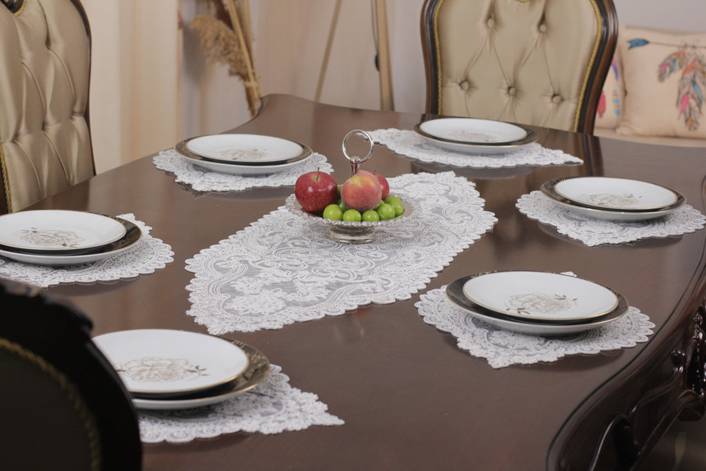 Ensemble de 7 pièces Valonia à Brodé Blanc, 6 sous plats 36x52cm + chemin de table 115x38cm