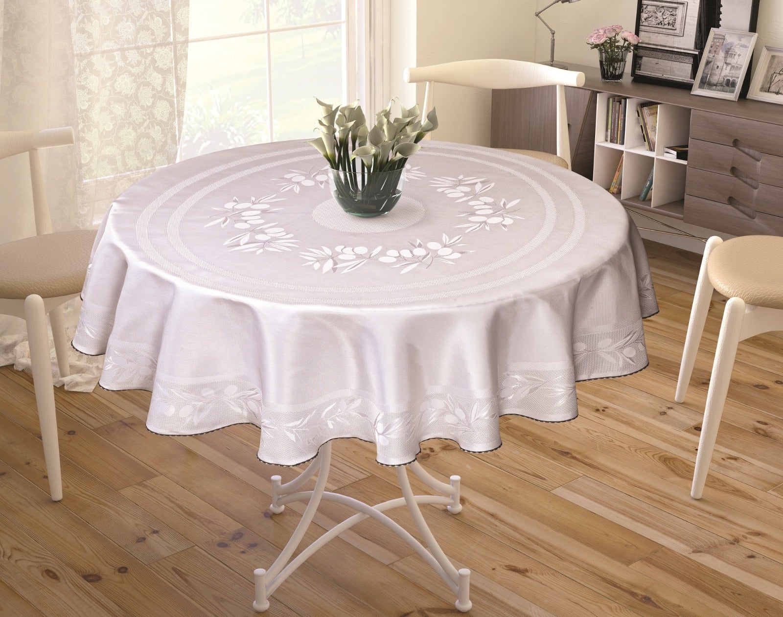 Nappe de Table Ronde Blanc cassé Jacquard 160 cm