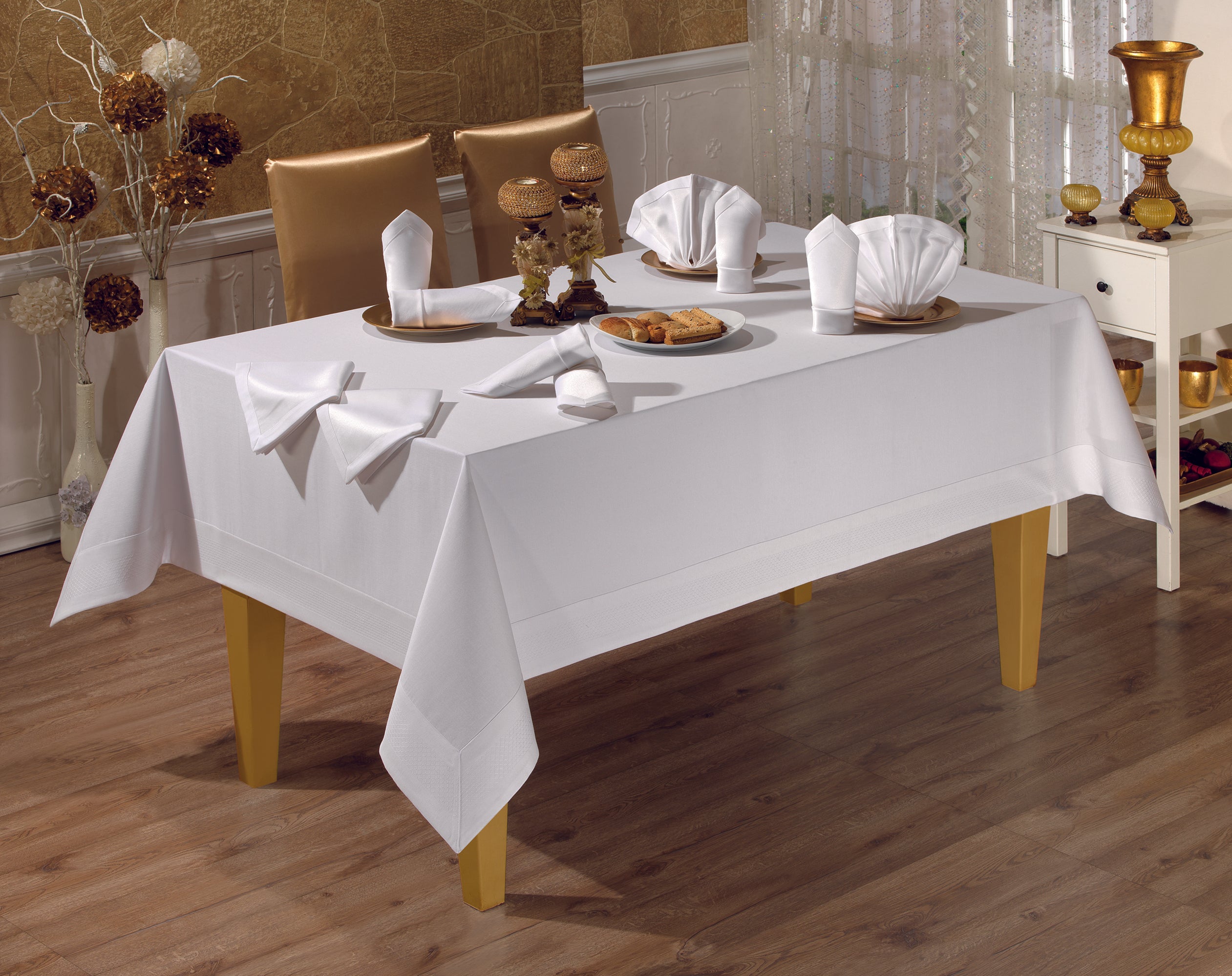 Nappe de table blanc 160*220cm + 6 serviettes 40*40cm