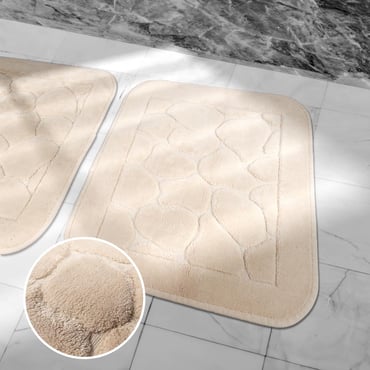 ensemble de 2 Tapis de bain beige en coton: 60×100 cm et 50×60 cm.