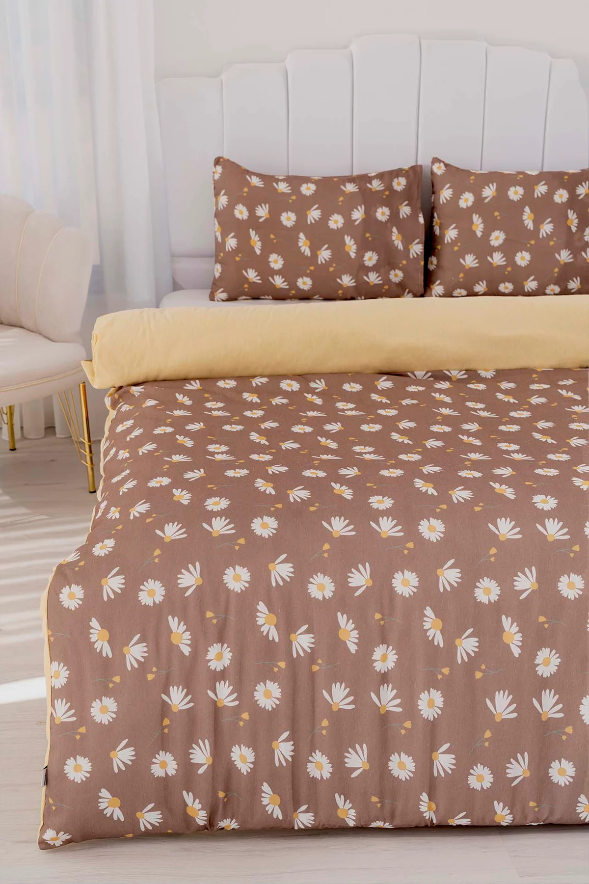 Ensemble de housse de couette double kahverengi papatyalı